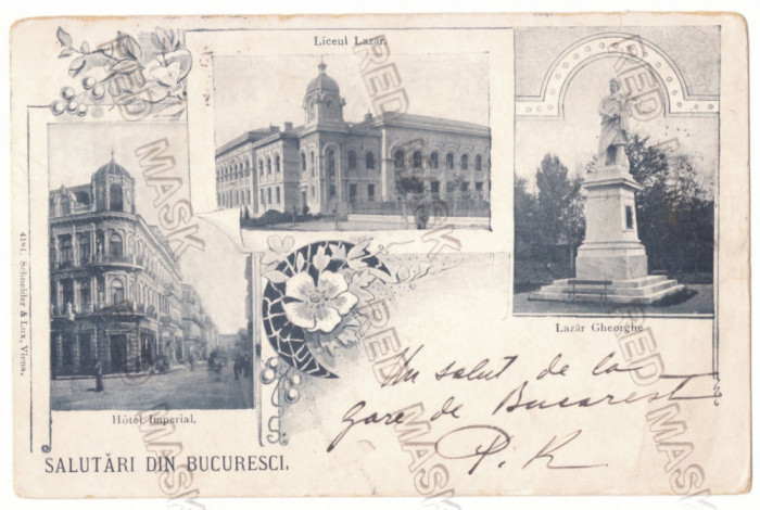 2450 - BUCURESTI, Statue &amp; High School LAZAR, Litho - old postcard - used - 1899