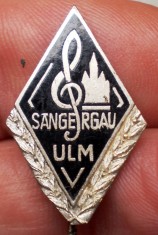 I.809 INSIGNA GERMANIA STICKPIN MUZICA COR CHEIA SOL S&Auml;NGERGAU ULM h23mm email