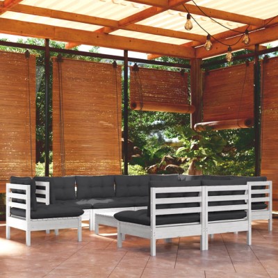 vidaXL Set mobilier grădină cu perne, 10 piese, alb, lemn masiv pin 3096750 foto