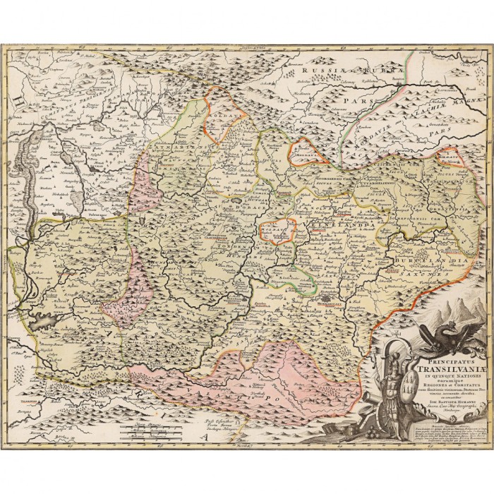 Harta Transilvania in cele cinci natiuni, J.B. Homann, cca. 1715, 50x60cm, repro