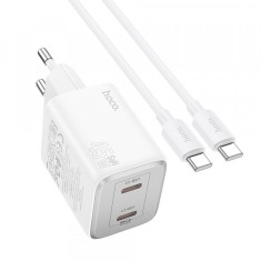Incarcator Retea Cu Cablu USB-C HOCO N42, 45W, 3A, 2 x USB-C, Alb foto