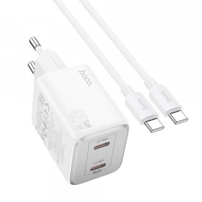 Incarcator Retea Cu Cablu USB-C HOCO N42, 45W, 3A, 2 x USB-C, Alb foto
