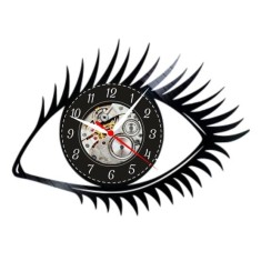 Ceas de perete decorativ realizat din disc de vinil, Model Ochi Gene Lash Maker, Salon Infrumusetare, Negru, 30 cm