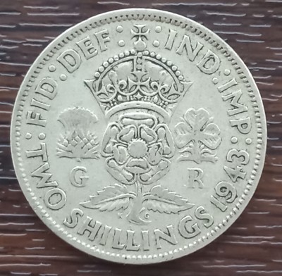 (A833) MONEDA DIN ARGINT ANGLIA - 2 SHILLINGS 1943, REGELE GEORGE AL VI-LEA, 11,31 GRAME, PURITATE 500 foto