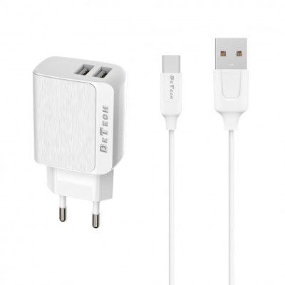 Incarcator Retea (14141) DeTech DE-09C 230V / 5V - 2.4A + Cablu de Date USB Type-C (FastCharger) Alb Blister foto