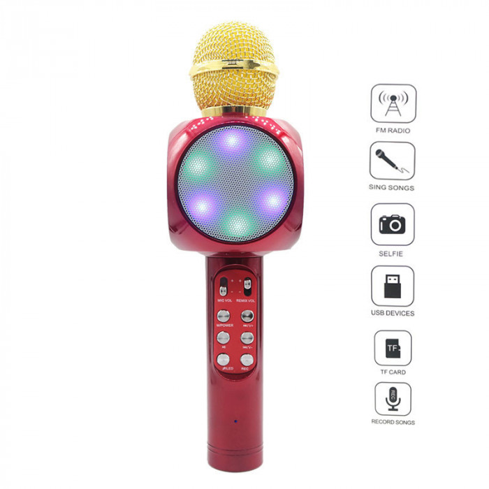 Microfon Karaoke Wster, 3 W x 4, 115 dB, 100 Hz - 10 kHz, Wireless, Bluetooth, functie selfie, Aux, Ant, USB, acumulator 1800 mAh, autonomie 8 ore, Ro