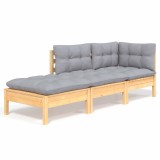 Cumpara ieftin Set mobilier gradina cu perne, 3 piese, gri, lemn masiv pin