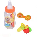 Set de jucarii pentru bebelusi, zornaitoare, de dentitie, 4 piese, cutie depozitare in forma de biberon, Multicolor