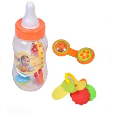 Set de jucarii pentru bebelusi, zornaitoare, de dentitie, 4 piese, cutie depozitare in forma de biberon, Multicolor foto