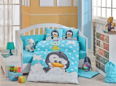 Lenjerie Patu? Bebe - Bumbac 100% - Hobby Home - Penguin Blue - HBB-07 foto