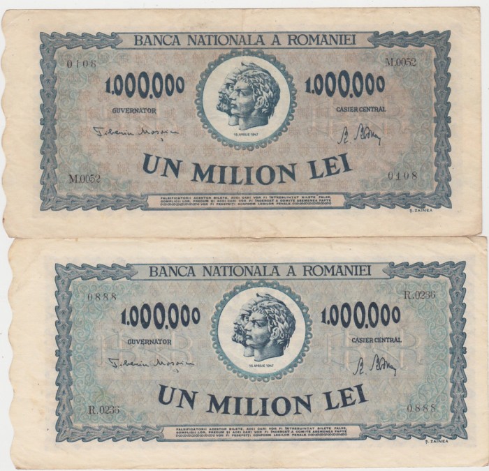ROMANIA 2 X 1000000 LEI 1947 VF+ VARIANTE DE CULOARE