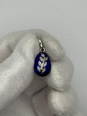 LANT + PANDANTIV AUR alb 14K - OU de Paste + Email Albastru - Model Faberge - Grecia ! foto