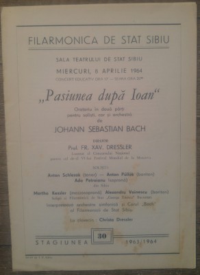 Pasiunea dupa Ioan, program Filarmonica de Stat Sibiu/ cu semnaturile artistilor foto