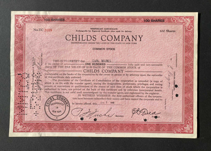 Childs Company - Actiuni - New York - 1948