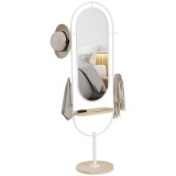 HOMCOM Oglindă de Corp Intreg 175,5x50 cm cu Tavă din Lemn 4 C&acirc;rlige și Rama de Metal pentru Salon Dormitor Alb | Aosom Romania