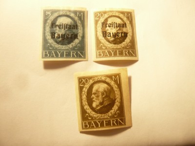 3 Timbre Bavaria Rege Ludwig III 1916 20M si 1919: 5 si 20M supratipar, sarniera foto