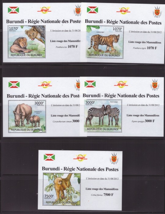 131-BURUNDI-4=5 colite ANIMALE-FAUNA DIN AFRICA-elefant-pantera-girafe-maimute,