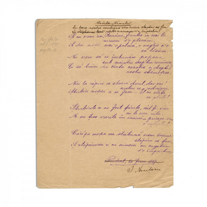 Ioan Nenițescu, manuscris al poemului &bdquo;Voința Neamului&rdquo;, 1891