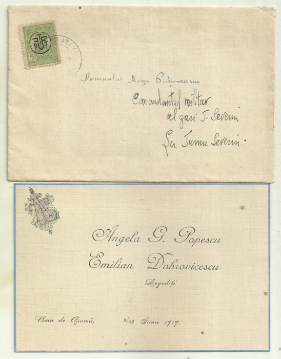 Plic circulat + adresa logodna - 1919, Baia de Arama-Turnu Severin