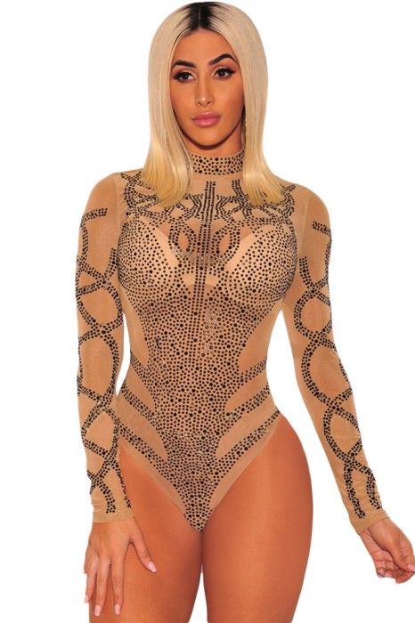 Q609-14 Body elegant cu maneci lungi si guler inalt, accesorizat cu strasuri