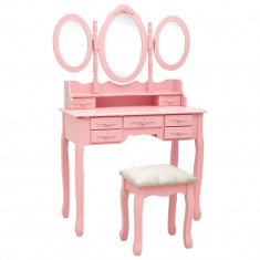 Masa de toaleta cu taburet si triptic oglinzi, roz GartenMobel Dekor