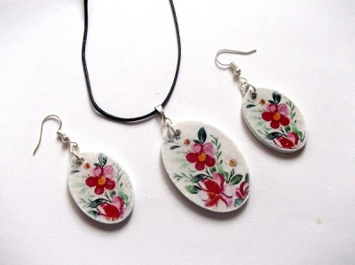 set bijuterii lemn , set colier si cercei cu flori 41822 foto
