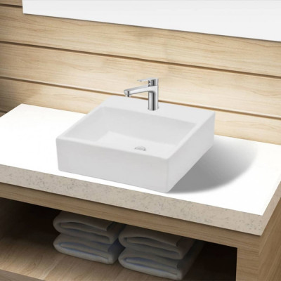 Chiuvetă de baie din ceramică cu orificiu pentru robinet, pătrat, alb foto