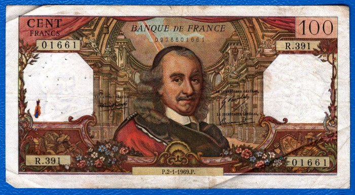 (1) BANCNOTA FRANTA - 100 FRANCS 1969 (02.01.1969), PORTRET PIERRE CORNEILLE