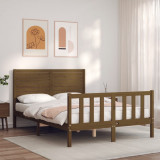 VidaXL Cadru de pat cu tăblie, dublu mic, maro miere, lemn masiv