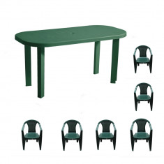 Set masa OMC 140x70x70 cu 6 scaune 56x52x77, pentru gradina, verde, din plastic