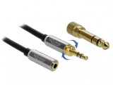 Cablu prelungitor jack stereo 3.5mm 3 pini T-M + adaptor cu surub 6.35 mm 1m, Delock 85780