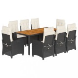 Set mobilier de gradina cu perne, 9 piese, negru, poliratan