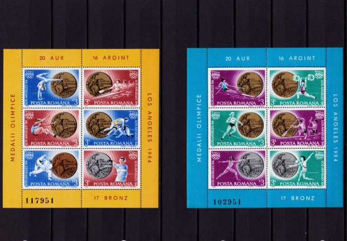 RO 1984 LP 1111 "Medalii Olimpice Los Angeles" , blocuri, colitele 209/210 , MNH