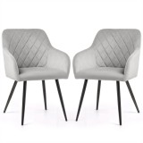 Set 2 scaune dining Akord Velto, catifea gri, matlasaj romburi, picioare negre metalice, 52x58x82 cm
