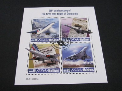 50 Ani de la Primul Zbor de Test Concorde, Avion Supersonic Legendar - Bloc Filatelic Maldive 2019 foto