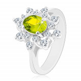 Inel de culoare argintie, floare lucioasă transparent și galben-verzui - Marime inel: 52