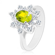 Inel de culoare argintie, floare lucioasă transparent și galben-verzui - Marime inel: 59