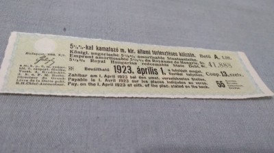 CUPOANE /BON DE TREZORERIE CU REDUCERE 1923 UNGARIA foto