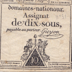 FRANTA ASIGNATA ASSIGNAT 10 SOUS OCTOMBRIE 1792 SIGN. GUYON F