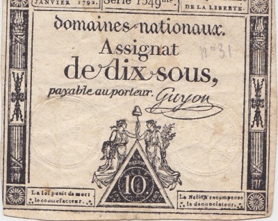 FRANTA ASIGNATA ASSIGNAT 10 SOUS OCTOMBRIE 1792 SIGN. GUYON F foto