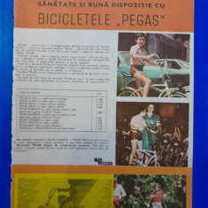 1987, Reclamă Bicicletele PEGAS comunism 24x16 cm epoca aur pionier copilarie