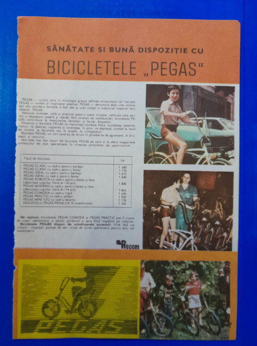 1987, Reclamă Bicicletele PEGAS comunism 24x16 cm epoca aur pionier copilarie