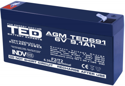 Acumulator AGM VRLA plumb acid 6V 9.1A 151x34xh95mm F2 TED Battery Expert Holland TED002990 5949258002990 foto