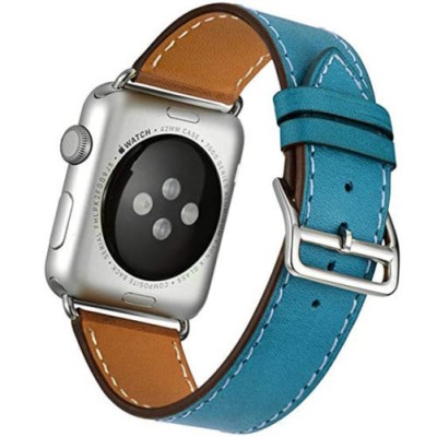 Curea iUni compatibila cu Apple Watch 1/2/3/4/5/6/7, 44mm, Single Tour, Piele, Albastru foto