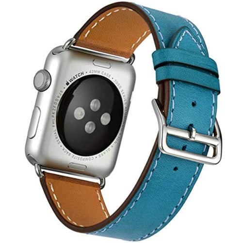 Curea iUni compatibila cu Apple Watch 1/2/3/4/5/6/7, 44mm, Single Tour, Piele, Albastru