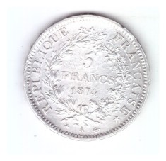 Moneda Franta 5 francs/franci 1874 A, stare buna, curata