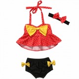 Costum de baie fetite 3 piese cu buline rochita +bentita +slip, Rosu, 1-2 ani