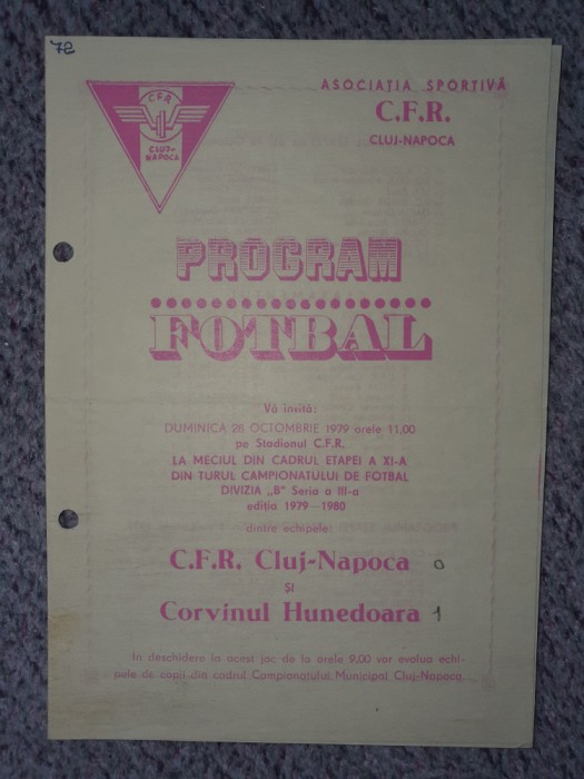 Program meci CFR Cluj - Corvinul Hunedoara 28 oct 1979