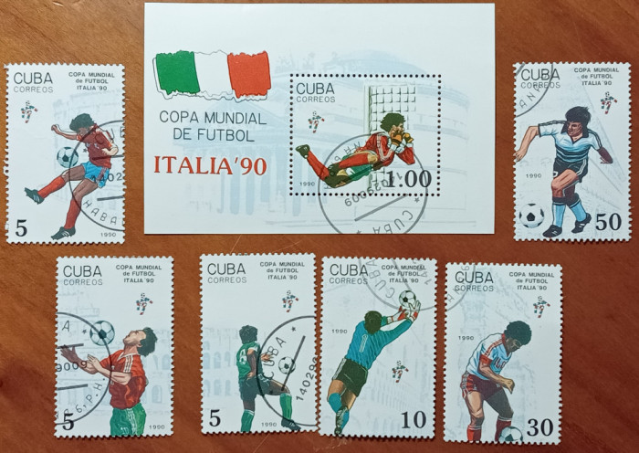 CUBA-1990-&#039;&#039;SPORT-C.M. FOTBAL-ITALIA-90&#039;&#039; Set Complet 6v.+COLITA-stampilat