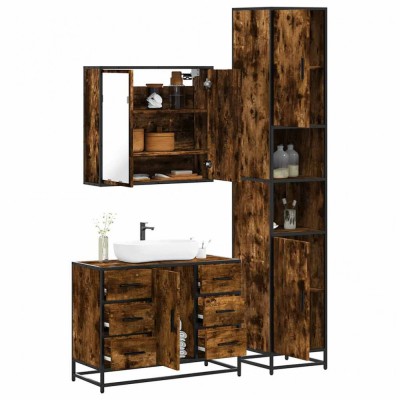 Set mobilier de baie, 3 piese, stejar fumuriu, lemn prelucrat foto